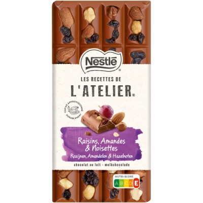 Tablette Chocolat Lait Raisins, Amandes Et Noisettes 170g - LES RECETTES DE L’ATELIER NESTLÉ