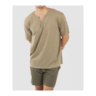 Men's pajamas consisting of a short-sleeved t-shirt and shorts.