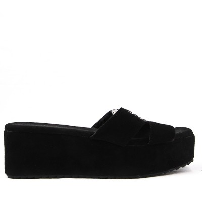 Faux suede wedge slide